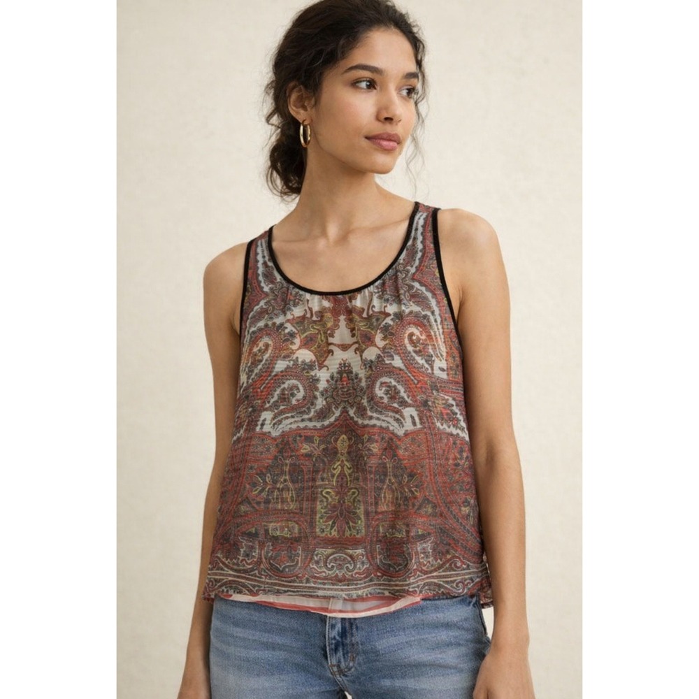 Anthropologie Dream Daily Mixed Print Sleeveless Blouse M Paisley Sheer Boho Top